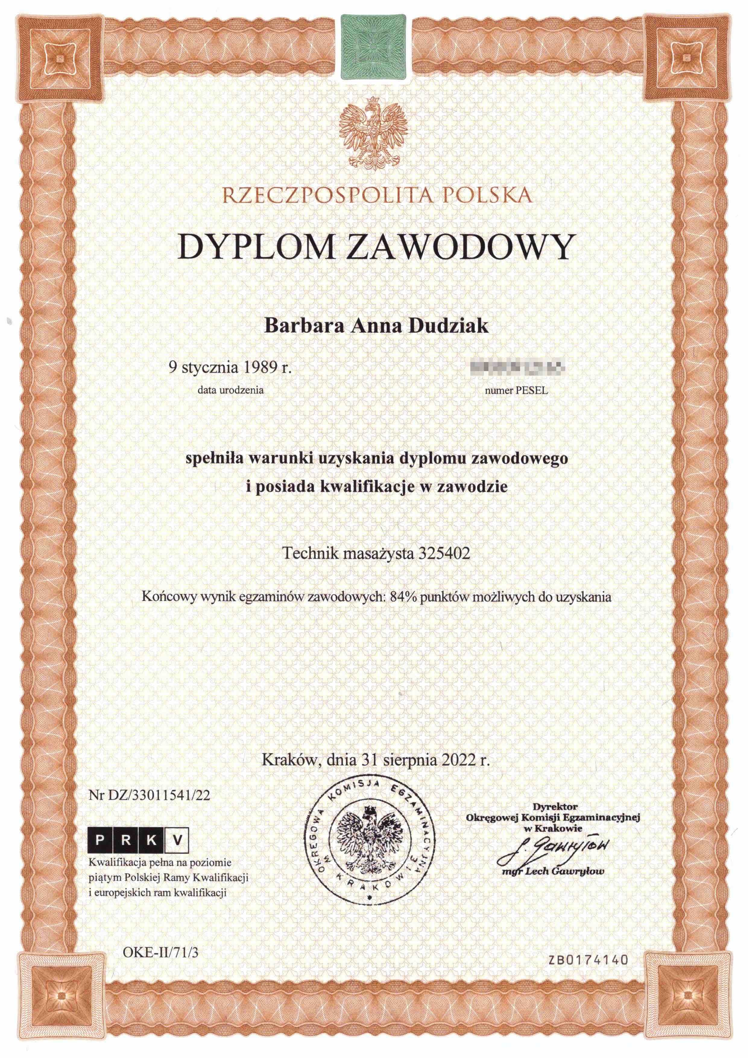 Dyplom zawodowy uzyskania kwalifikacji do wykonywania zawodu technik-masazysta