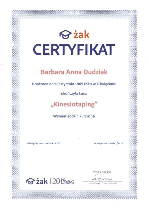 Certyfikat ukonczenia kursu 'Kinesiotaping'