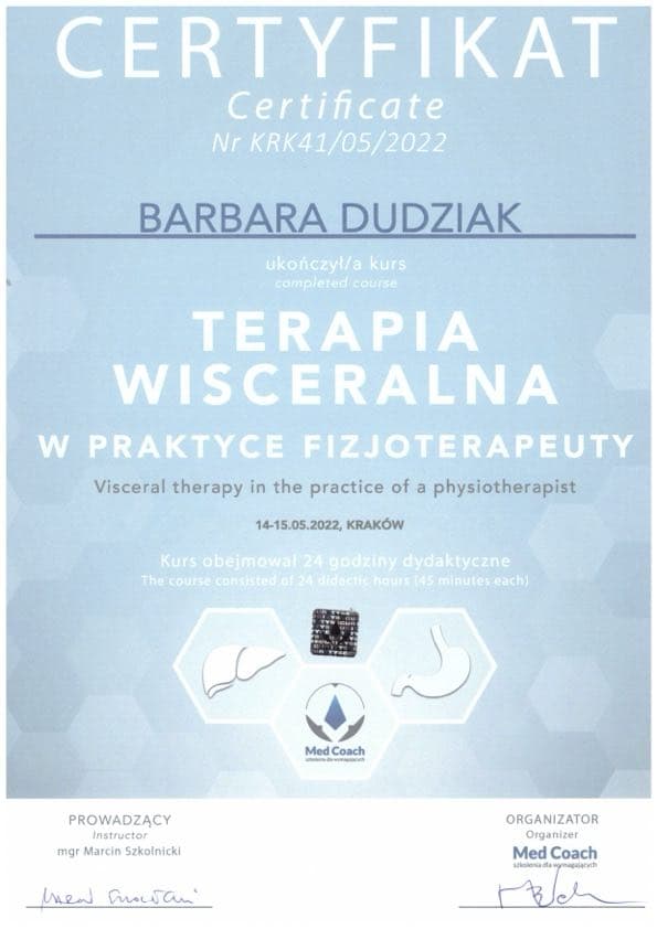 Certyfikat ukonczenia kursu 'Terapia wisceralna w praktyce fizjoterapeuty'