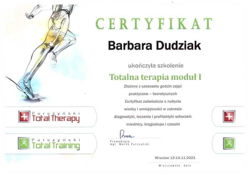 Certyfikat ukonczenia szkolenia oraz nabycia wiedzy i umiejetnosci w zakresie diagnostyki, leczenia i profilaktyki schorzen miednicy, kregoslupa i czaszki